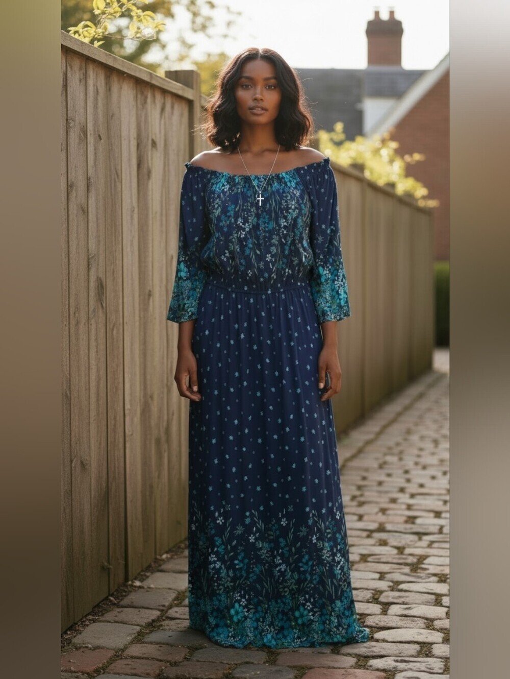 Blue Floral Maxi Dress XL Boho Cottagecore Romantic Flowy